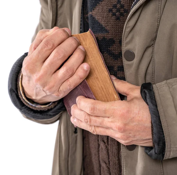 Älterer Mann Mit Heiliger Bibel Auf Weißem Hintergrund — Stockfoto