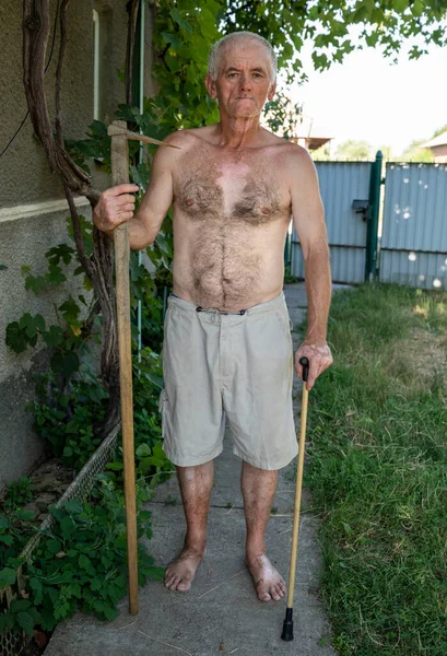 Seniot Man Cane Posing Garden — Zdjęcie stockowe