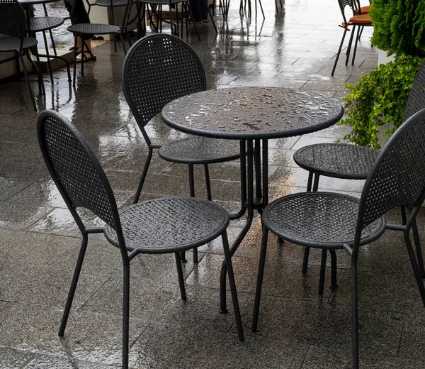 Tables Chairs Street Cafe Wet Rain — Stock Photo, Image