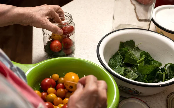 Woman Making Preservation Tomatoes Home — Stock Photo, Image