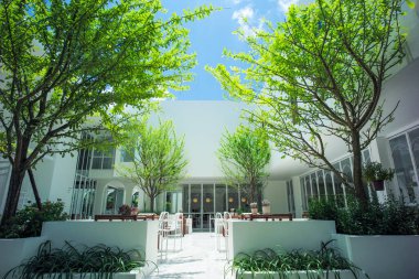 Songkhla, Tayland: 18 Nisan 2022-Güneşli bir günde ağaçlarla ve tropik bahçeyle süslenmiş restoran ve kafenin dış görünümü