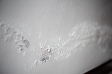 Beton duvarın su toplamış yüzeyine odaklanın. Nem yüzünden şişmiş renkli duvar.