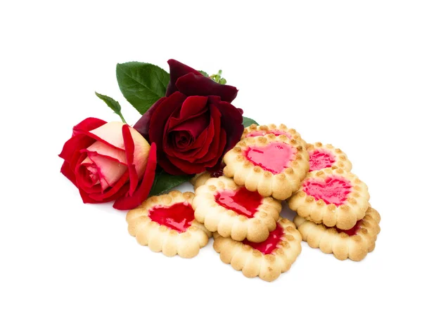 Ciasteczka w kształcie serca i róża — Zdjęcie stockowe
