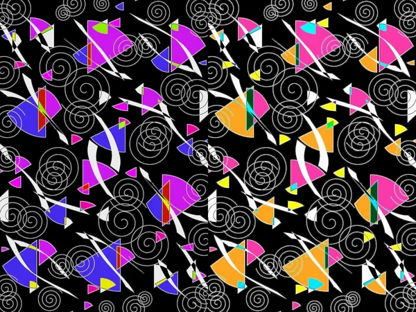 Modern colourful abstract design with circular segments and twirls on a black background — Stock Photo, Image