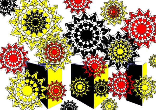 Bright modern floral abstract design in red yellow and black on plain white background — Stock Photo, Image