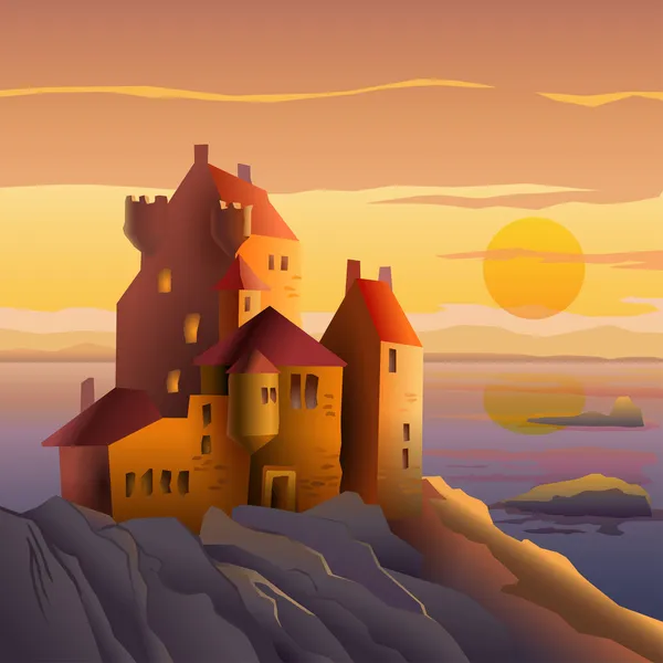 Burg an der Küste bei Sonnenuntergang — Stockvektor