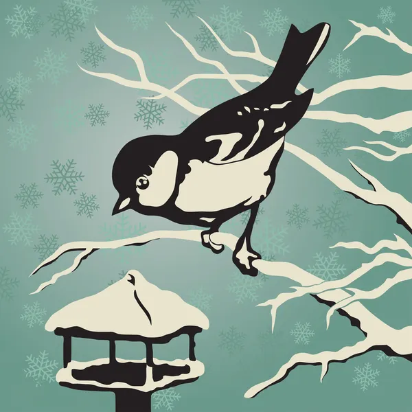 Titmouse assis sur une branche près de la mangeoire en hiver — Image vectorielle