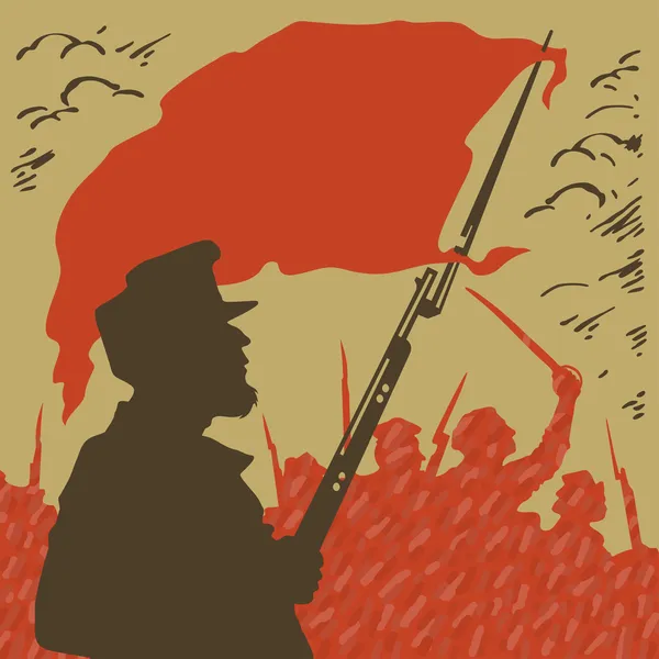 Hombre armado con una bandera roja sobre un fondo de revolución — Vector de stock