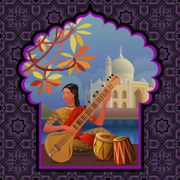 Menina indiana jogando sitar perto de Taj Mahal —  Vetores de Stock