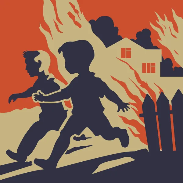 Niños huyendo de las llamas de fuego — Vector de stock