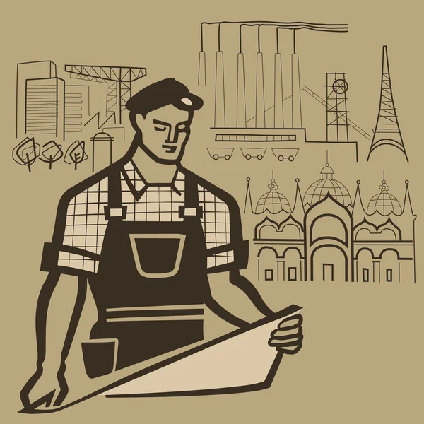 Working man builds reality and makes dreams come true retro vect — Stock Illustration Working man builds reality and makes dreams come true retro vect Stock Illustration