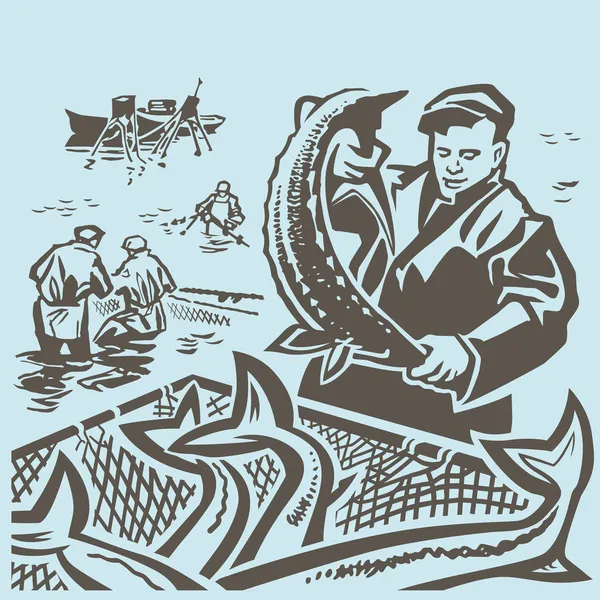 Pescadores en el mar — Vector de stock