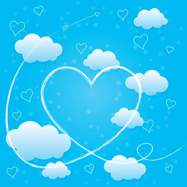 Dia dos Namorados cartão com corações, flecha e nuvens volumétricas — Vetor de Stock
