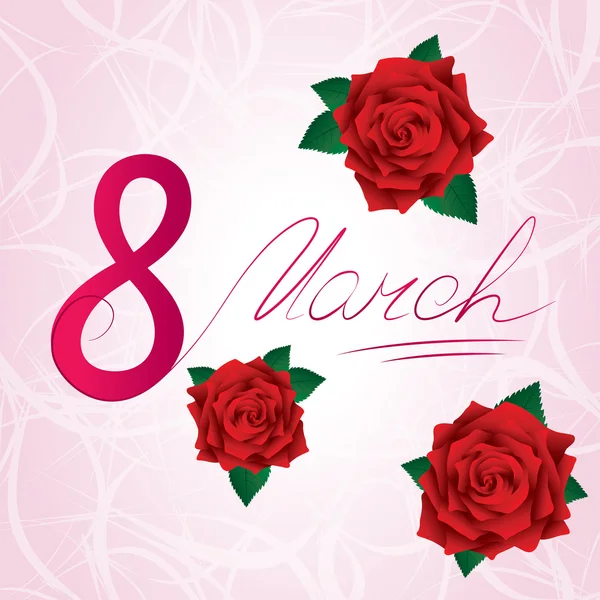 8 marzo Biglietto di auguri per la Festa della Donna con rose rosse lussureggianti — Vettoriale Stock