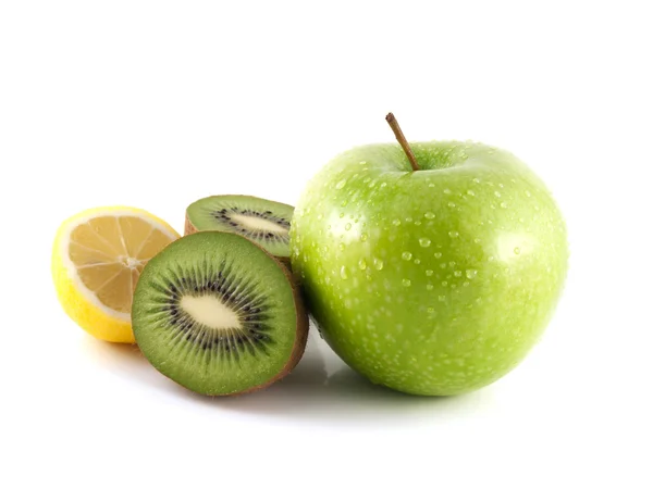 Geïsoleerde groene appel, kiwi en gele citroen — Stockfoto