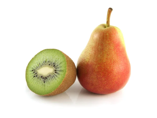 Red pear with half of kiwi on white background — Stock Photo, Image