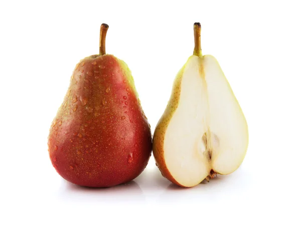 Ripe red pear with half on white background (wet) — Stock Photo, Image