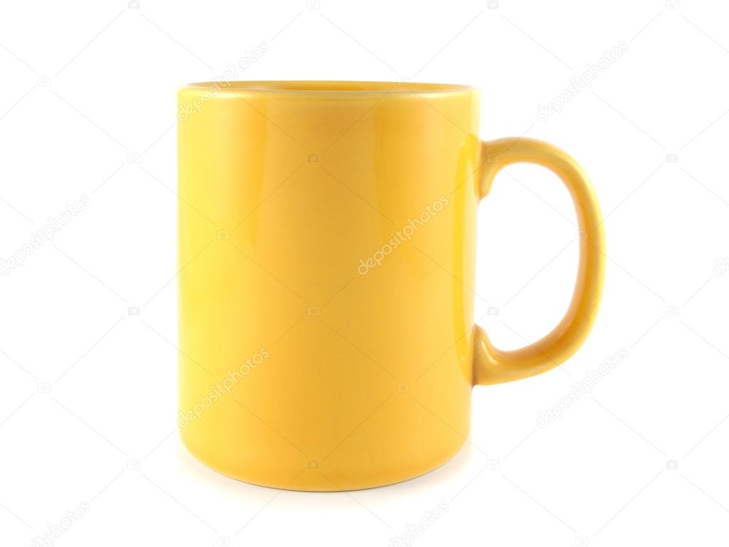 Yellow cup on white background. Isolated object.