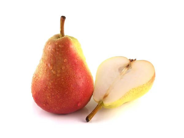 Ripe red pear with half on white background — Stock Photo, Image