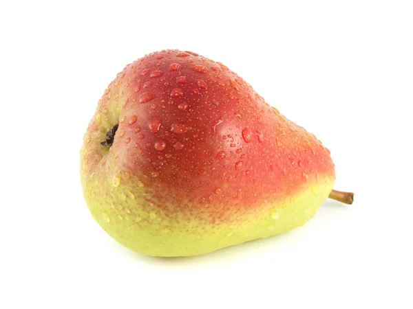 Ripe red pear on white background (water drops). — Stock Photo, Image