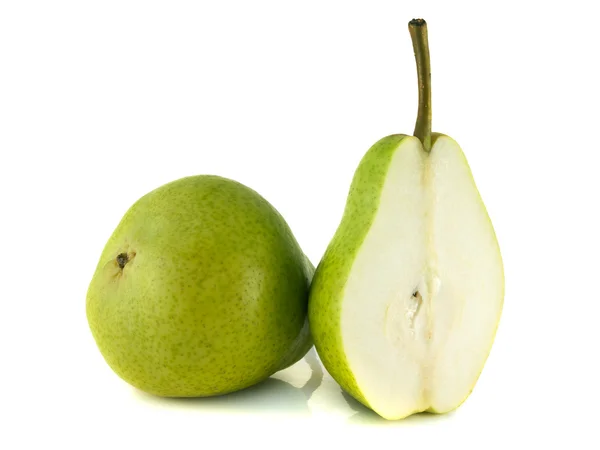 Ripe green pear with half on white background. — Stock Photo, Image