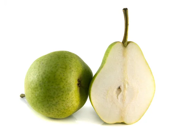 Ripe green pear with half on white background. — Stock Photo, Image