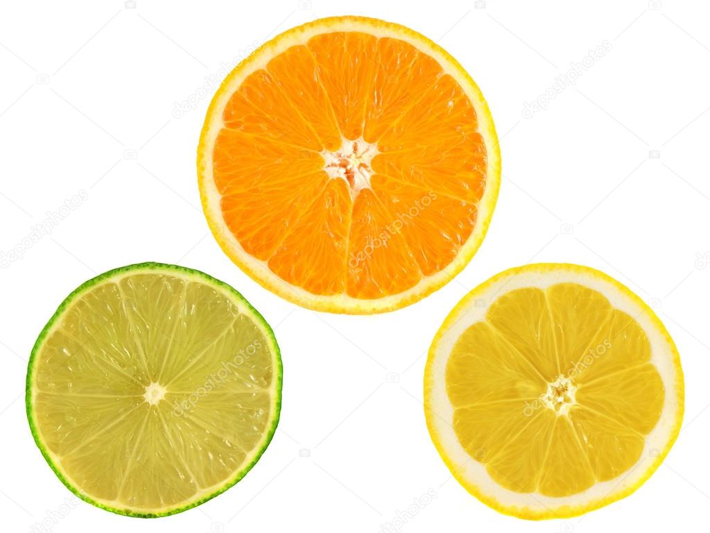 Slices of ripe orange, lemon, lime on white