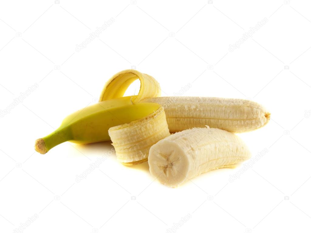 Opened banana with sliced half isolated