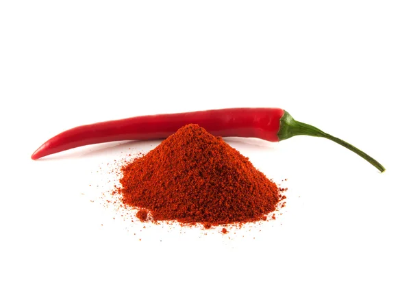 Red chili hot pepper with hill of paprika on white — Stock Photo, Image