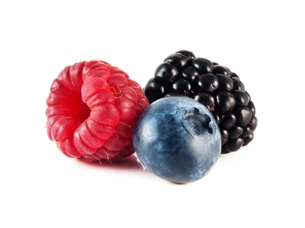 Fresh blueberry, raspberry and blackberry isolated — Stock Photo, Image