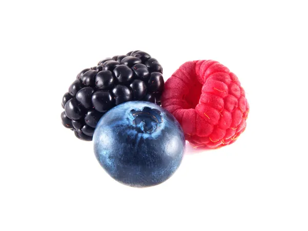 Fresh blueberry, raspberry and blackberry isolated — Stock Photo, Image