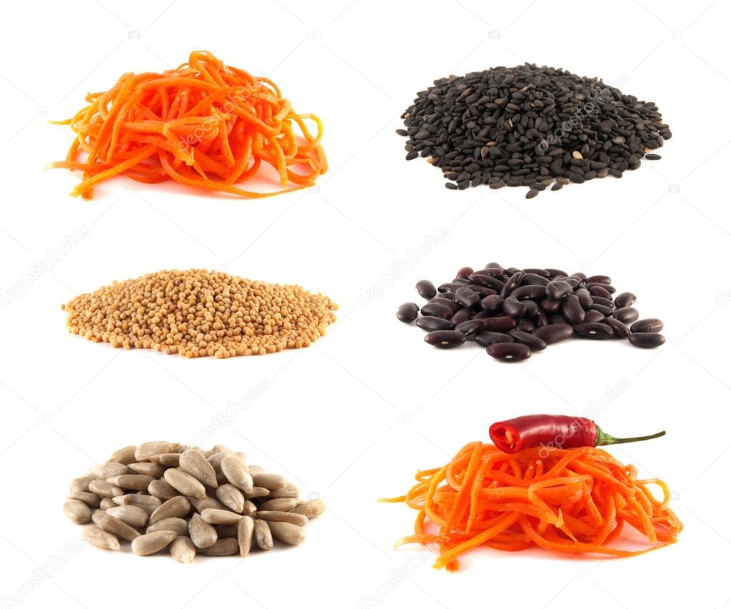 Carrot, seeds, beans collection isolated on white