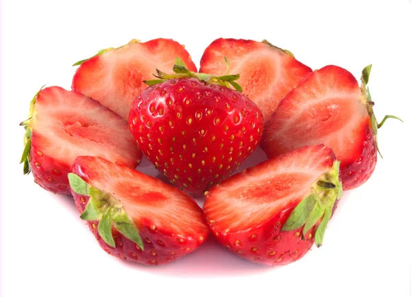 Sliced strawberries with leaves. Isolated. — Stock Photo, Image