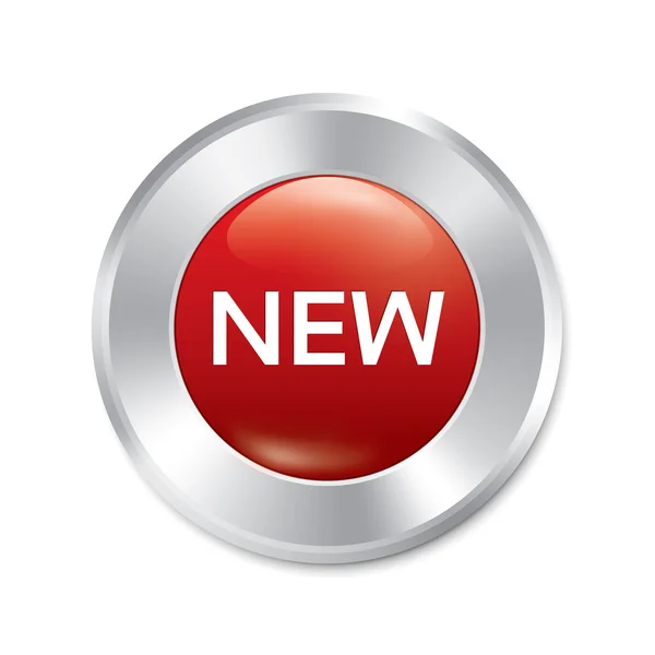 新建按钮。新红色的圆形贴纸。隔离. — 图库照片