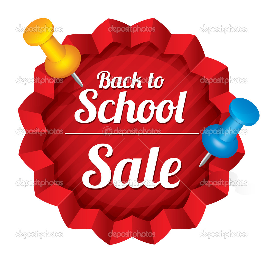 Back to school sale. Sticker with pushpins.