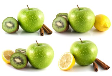 Yeşil elma, kivi, limon set, üzerinde beyaz izole.