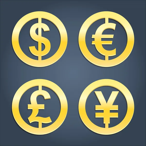 Dólar, Euro, Libra y Yen colección de signos de oro — Vector de stock