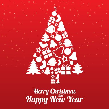 neşeli Noel tebrik kartı. ağaç düz simgeler.