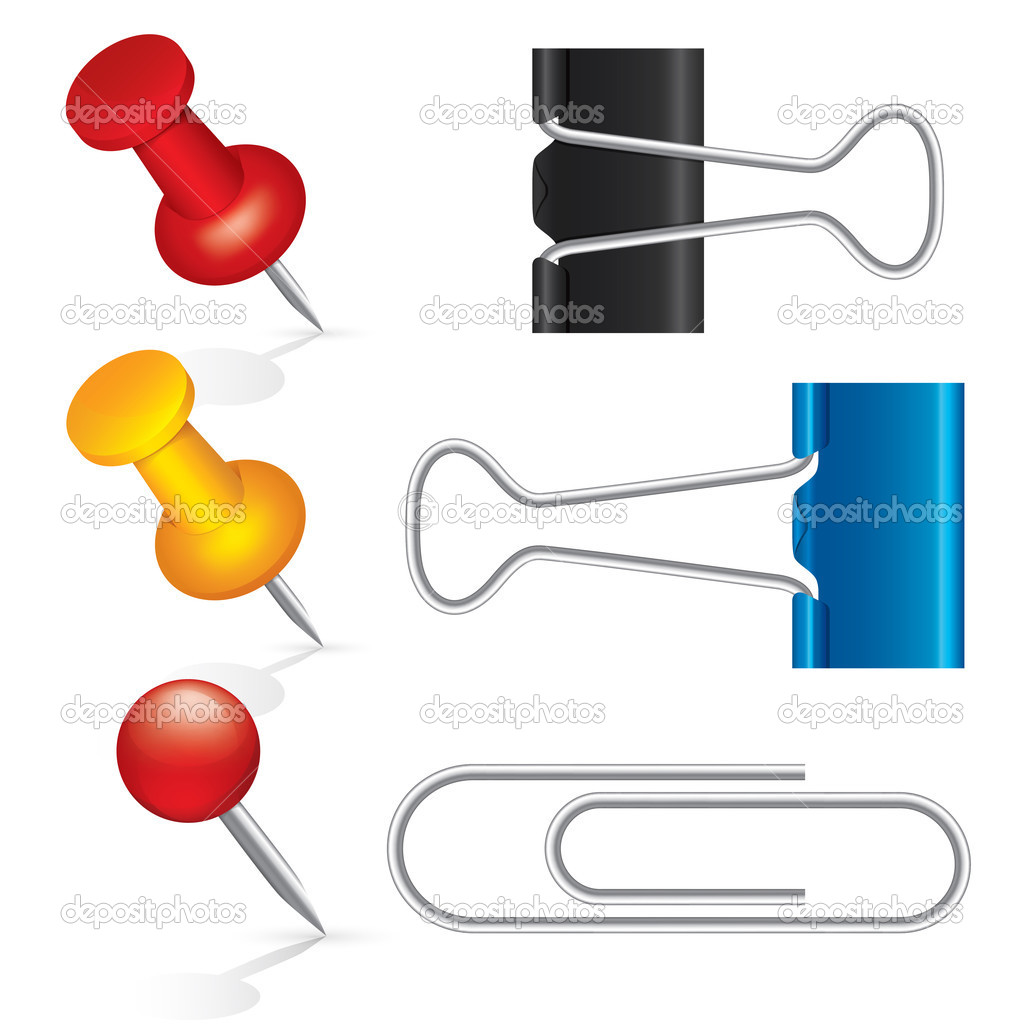 Colorful pushpin, paper clip, binder clip icon set