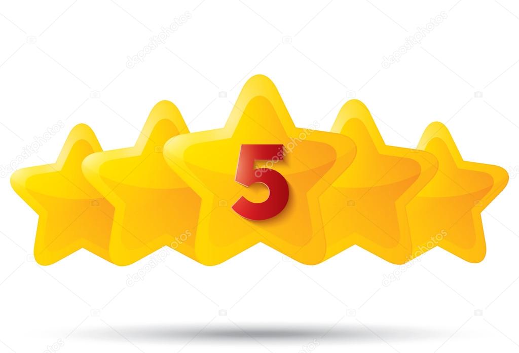 Five golden stars with digit. Star icons on white.