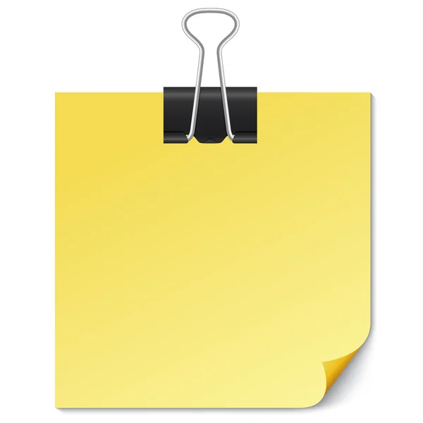 Yellow Note paper with Binder clip on white. — Stock Vector