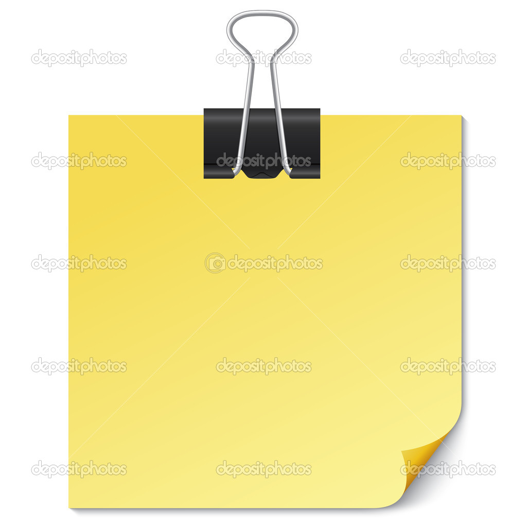 Yellow Note paper with Binder clip on white.