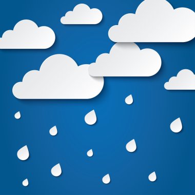 Paper white clouds on blue. Paper raindrops. clipart