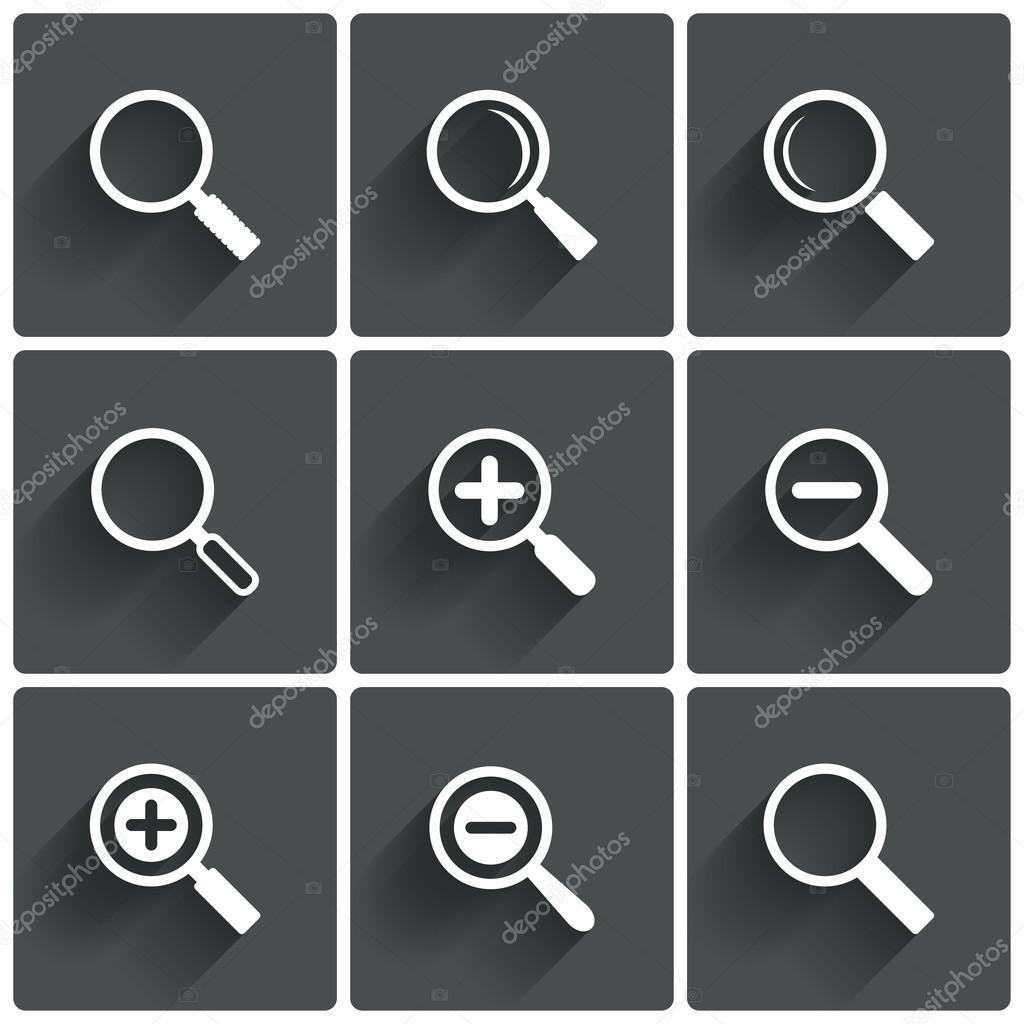 Zoom icons. Search symbols. Magnifier Glass signs.