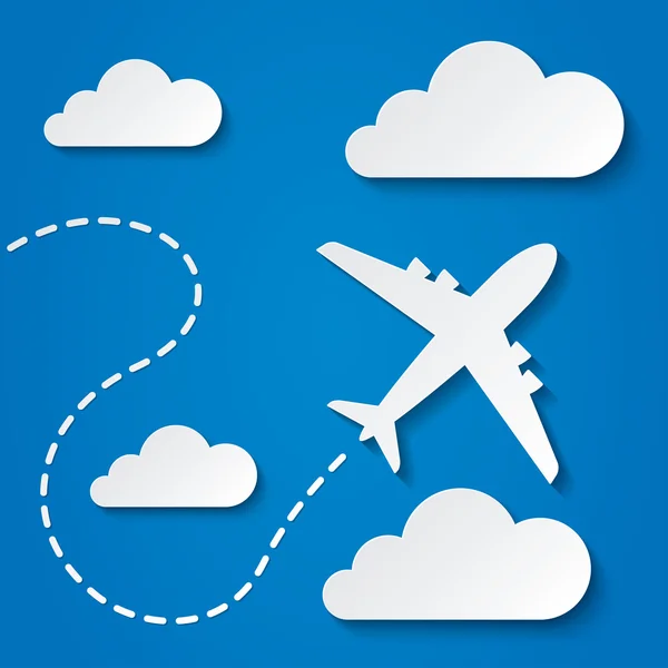 Kağıt bulutlar içinde uçan bir uçak. arka plan seyahat. — Stok Vektör