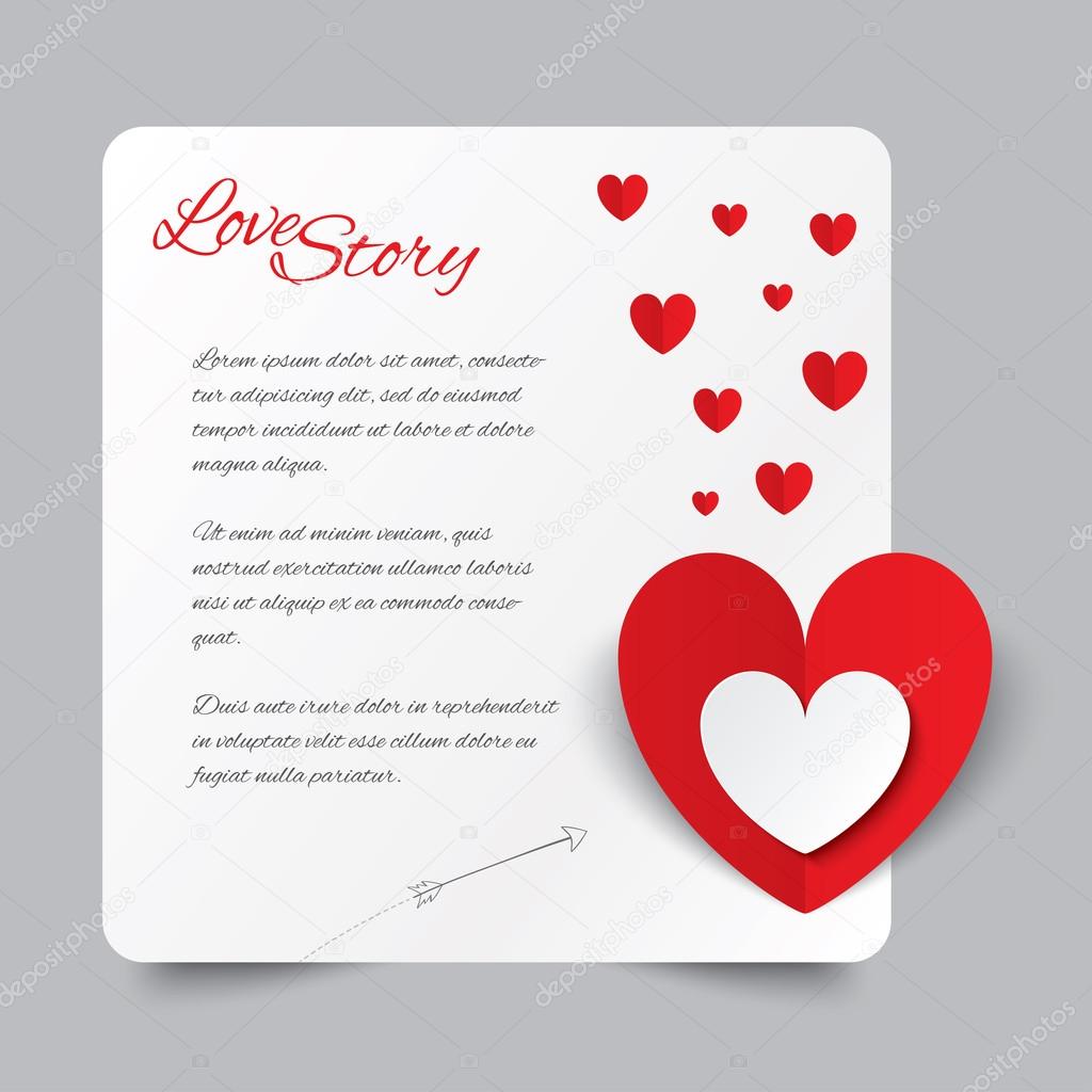 Red paper heart Valentines day card. Love story.