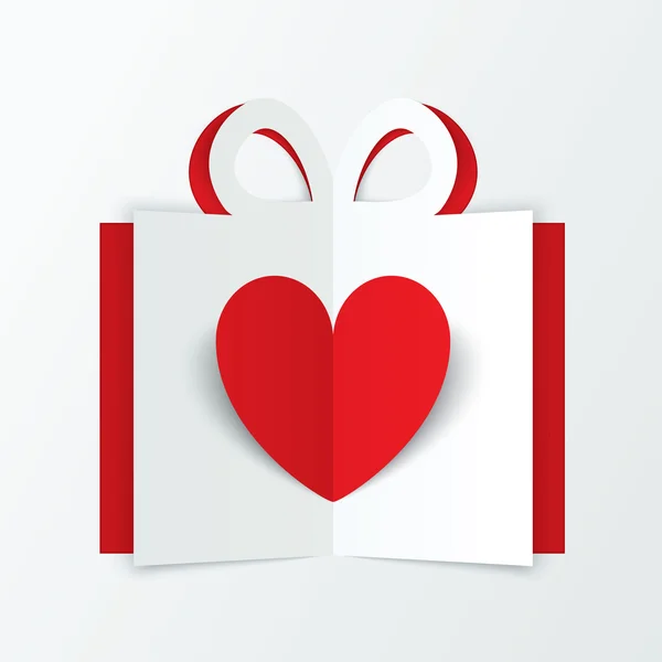 Red paper heart in gift box. Valentines day card. — Stock Vector