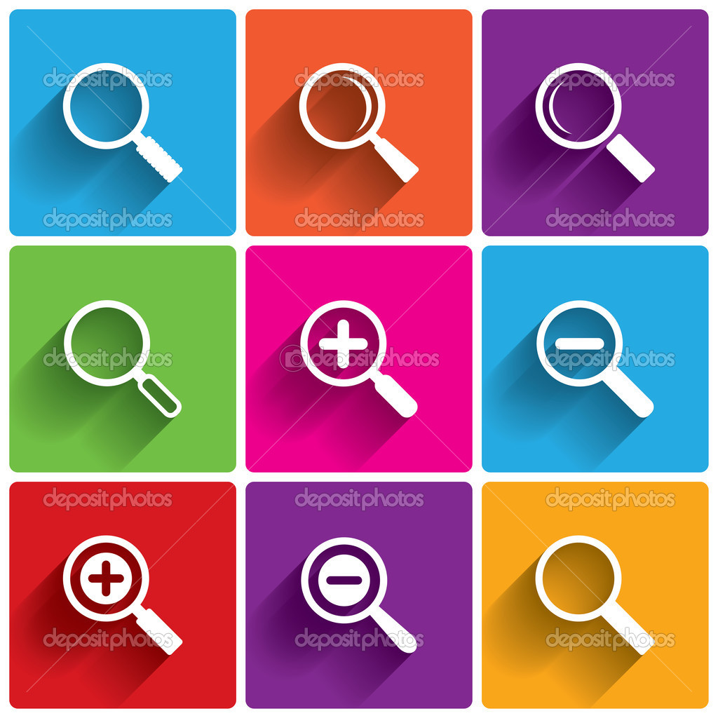Zoom icons. Search symbols. Magnifier Glass.