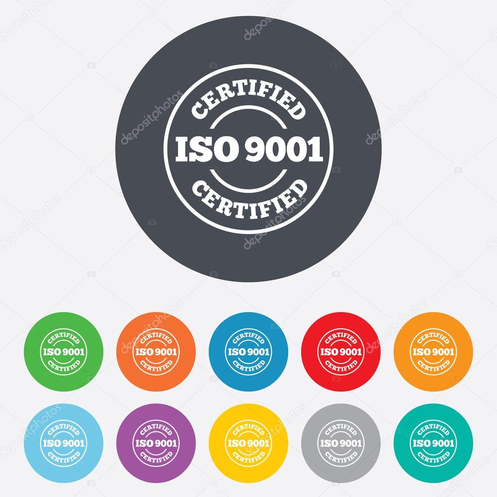 ISO 9001 certified sign icon. Certification stamp. Round colourful 11 buttons.
