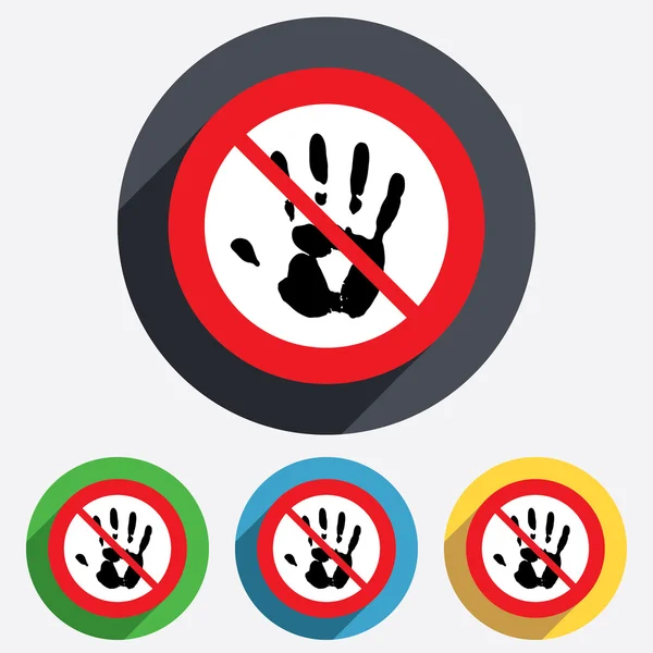 Niet aanraken. pictogram van een hand afdrukken teken. Stop symbool. — Stockvector